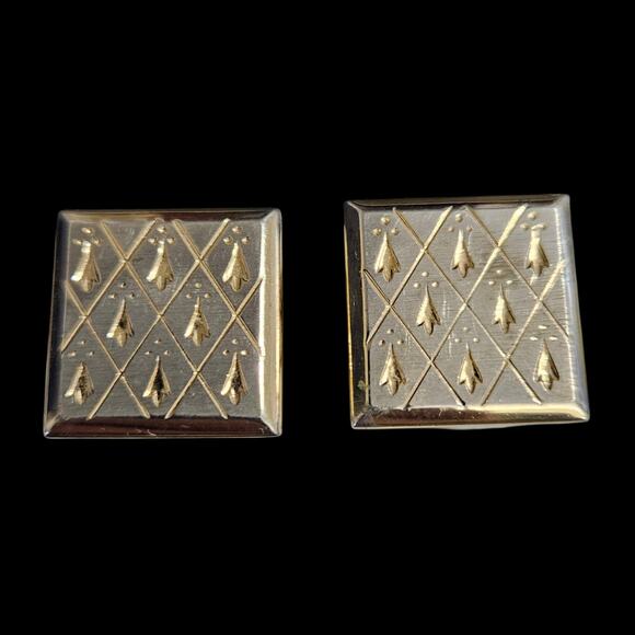 Swank Gold Tone Geometric Square Cufflinks Vintage Etched Design - Picture 1 of 5